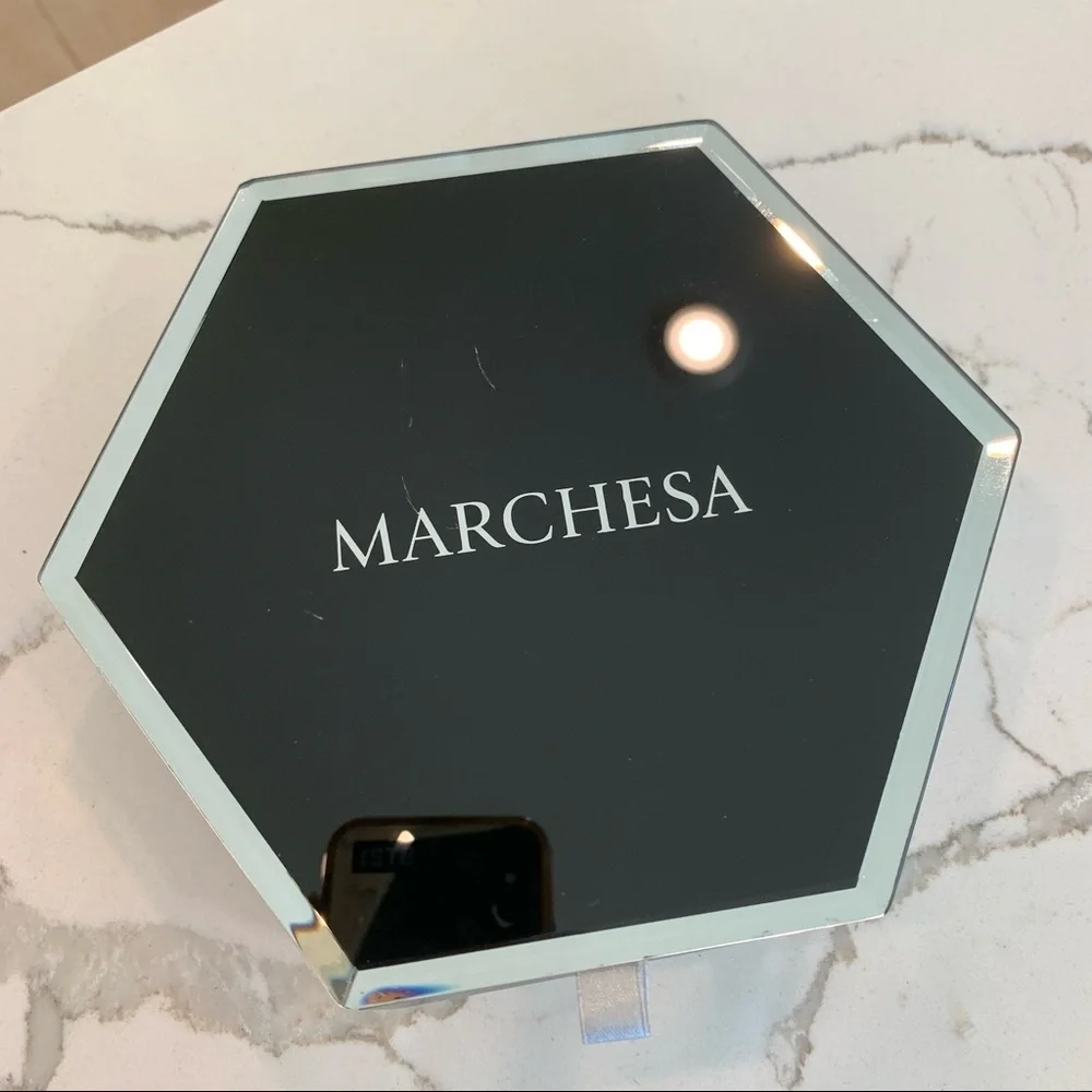 Marchesa Black Hexagon Mirrored Glass Velvet-Lined Jewelry Vanity Trinket Box